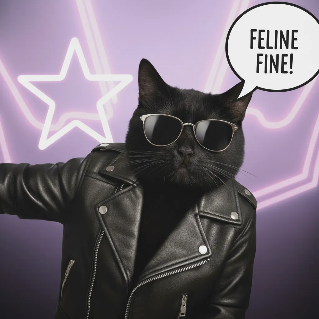 cool black cat in leather jacket and sunglasses