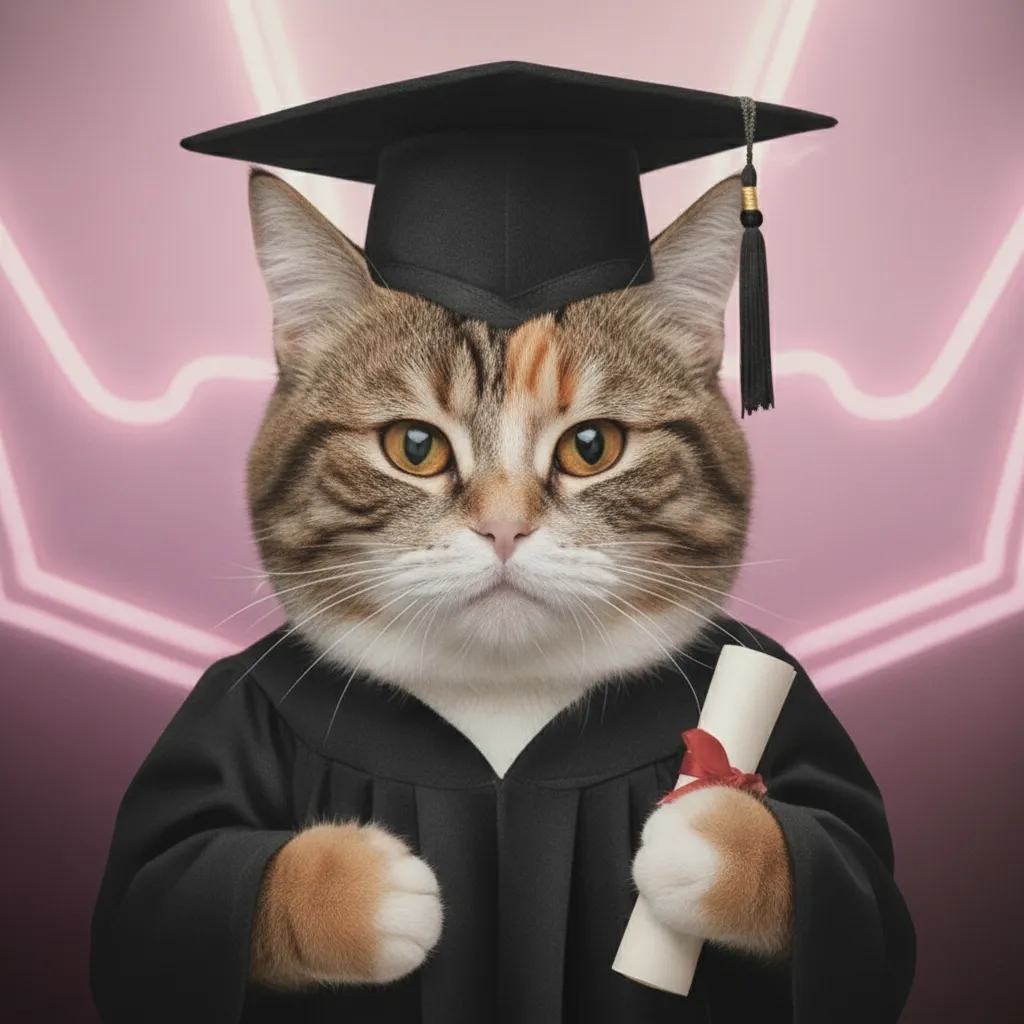graduate cat in cap and gown holding a diploma