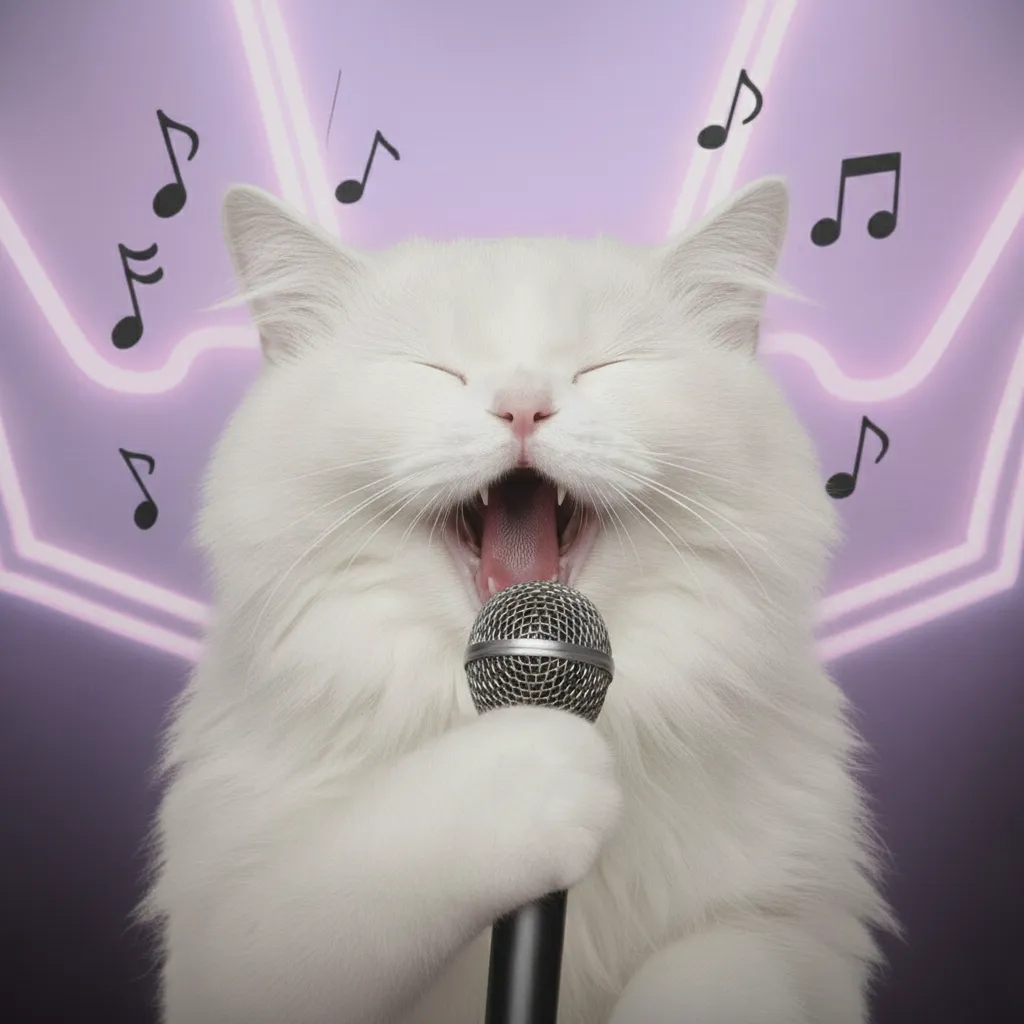 singing white cat with microphone and music notes