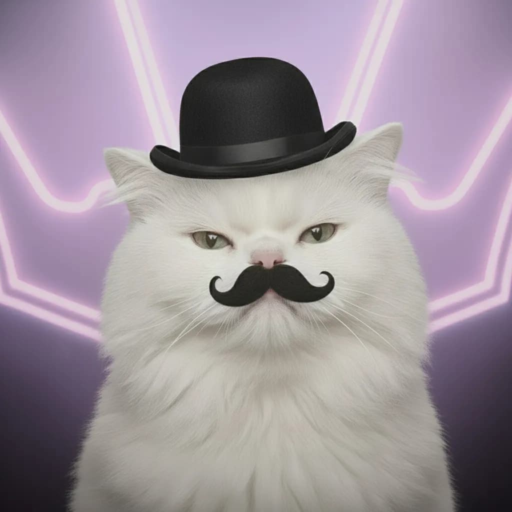 sophisticated white cat with bowler hat and mustache