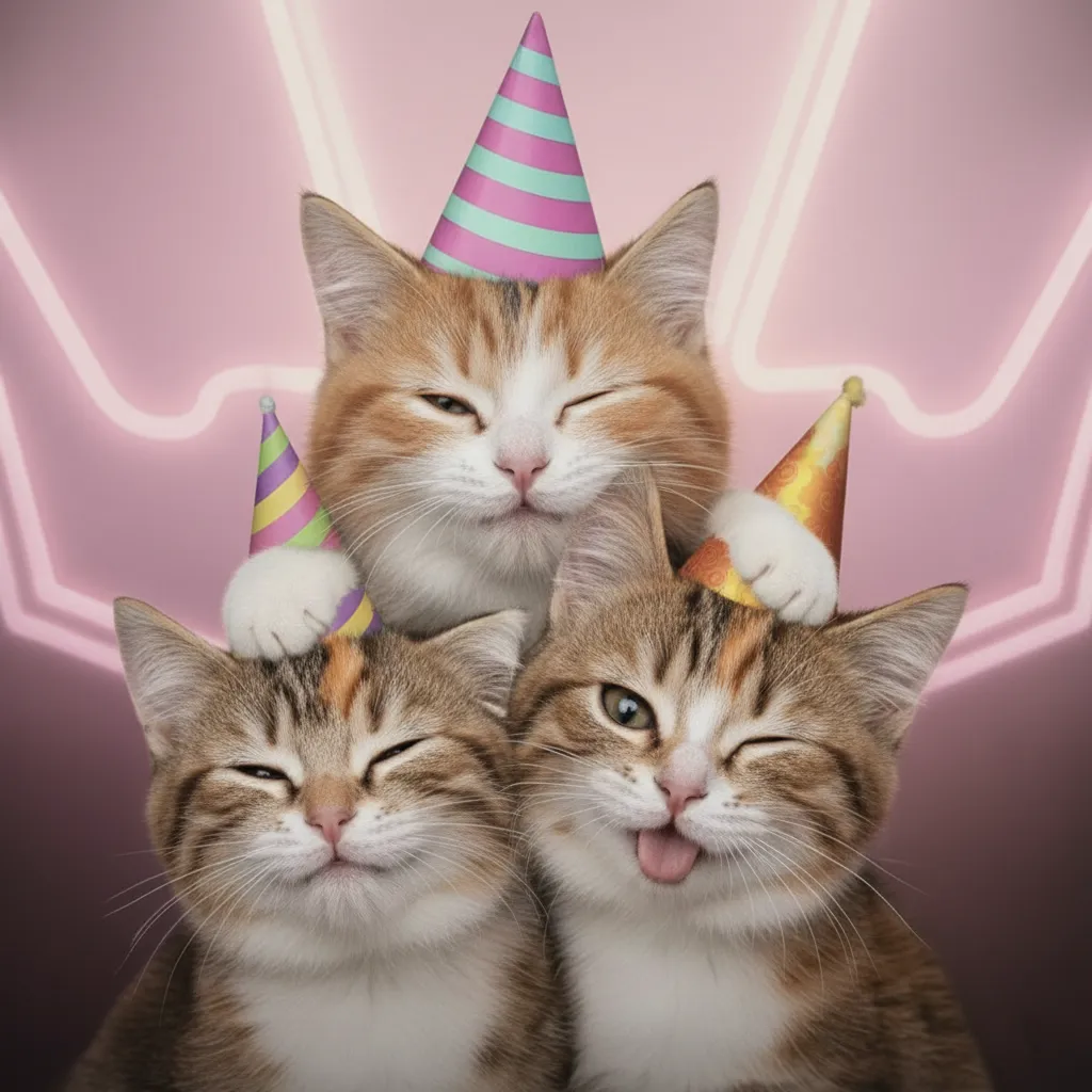 three playful kittens in party hats