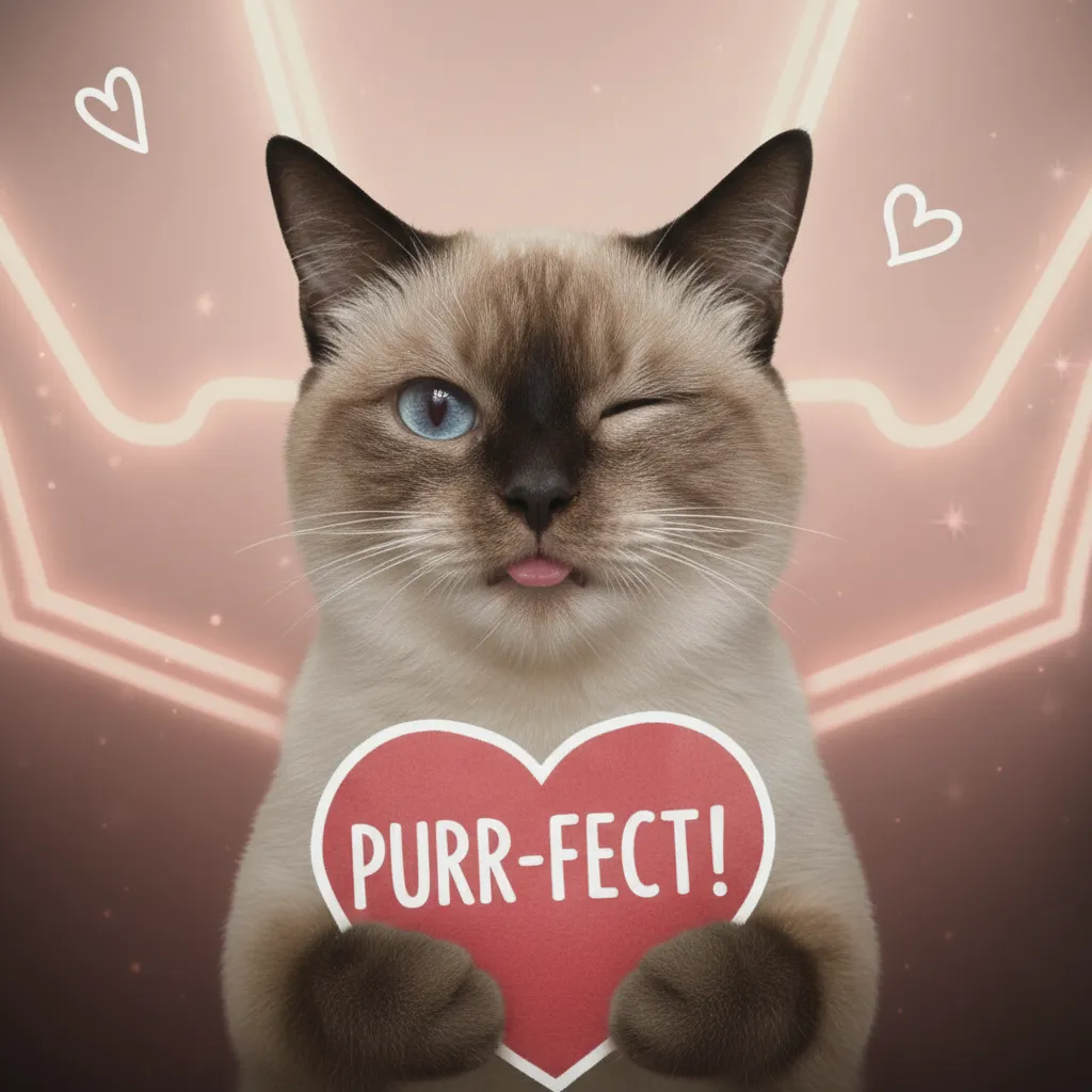 winking Siamese cat holding a PURR-FECT! heart